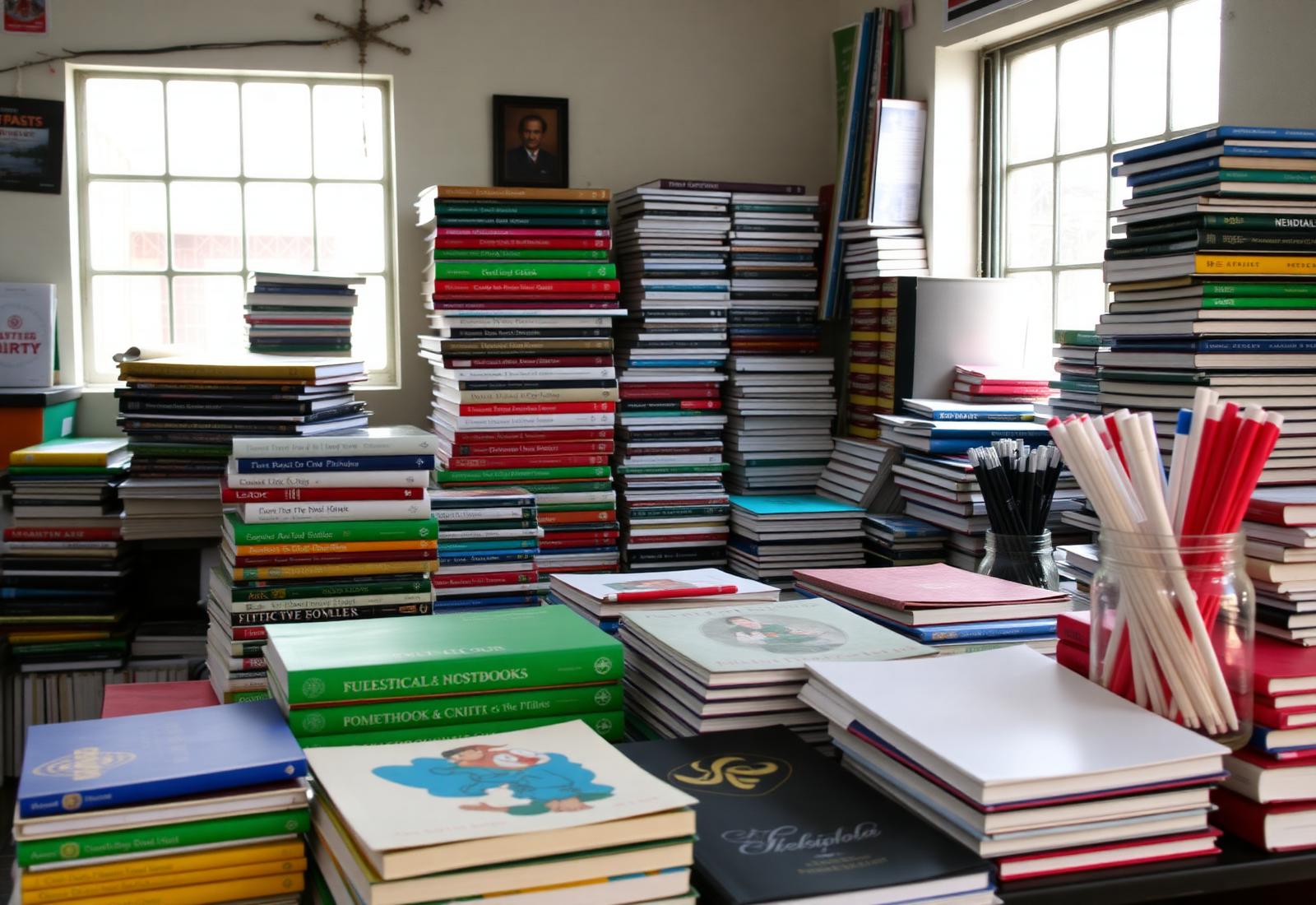 Bismillah Book Store — stacks of school books, notebooks and pens